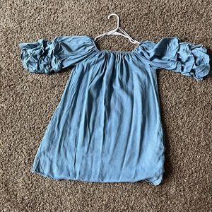 Zara M Chambray Blue Tiered Ruffle Sleeve Off The Shoulder Mini Dress